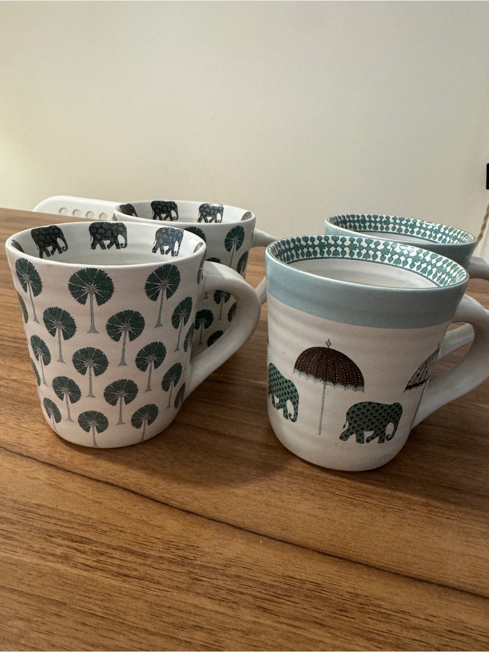 Good Earth Ceramic Elephant & Palm Pattern Mugs — Green and White (Set of 4)